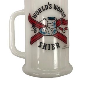 Vintage 1977 Ziggy Funny Worlds Worst Skier White Milk Glass Mug Beer Stein